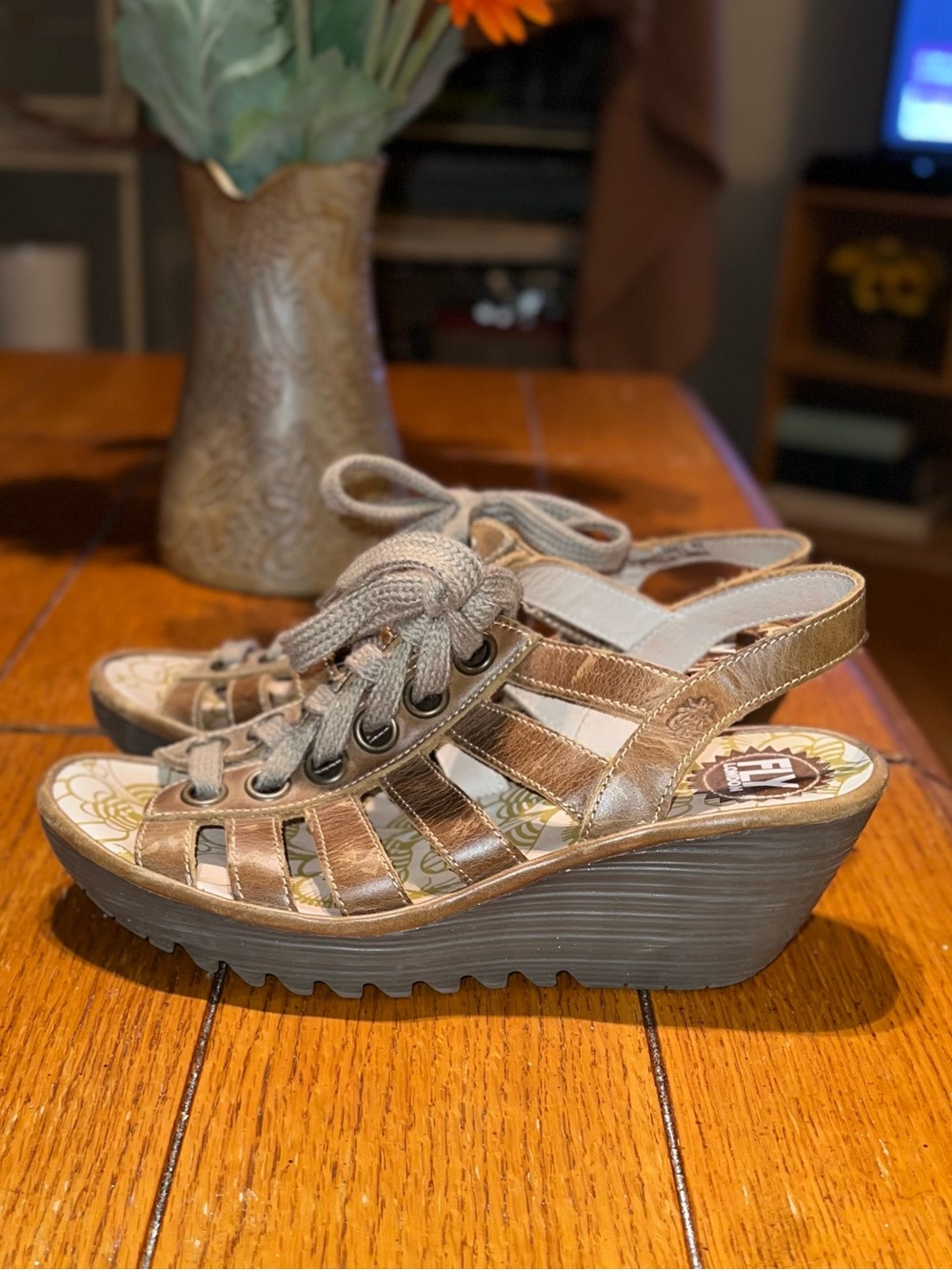Fly London Yito Lace-Up Slingback Wedge Sandals in Camel EU40 US9-9.5